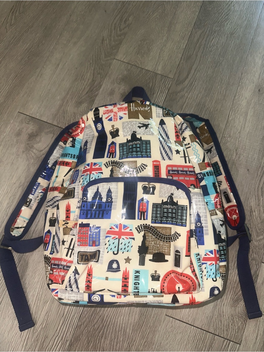Harrods Iconic London Print Coated Backpack Carryall Travel Bag